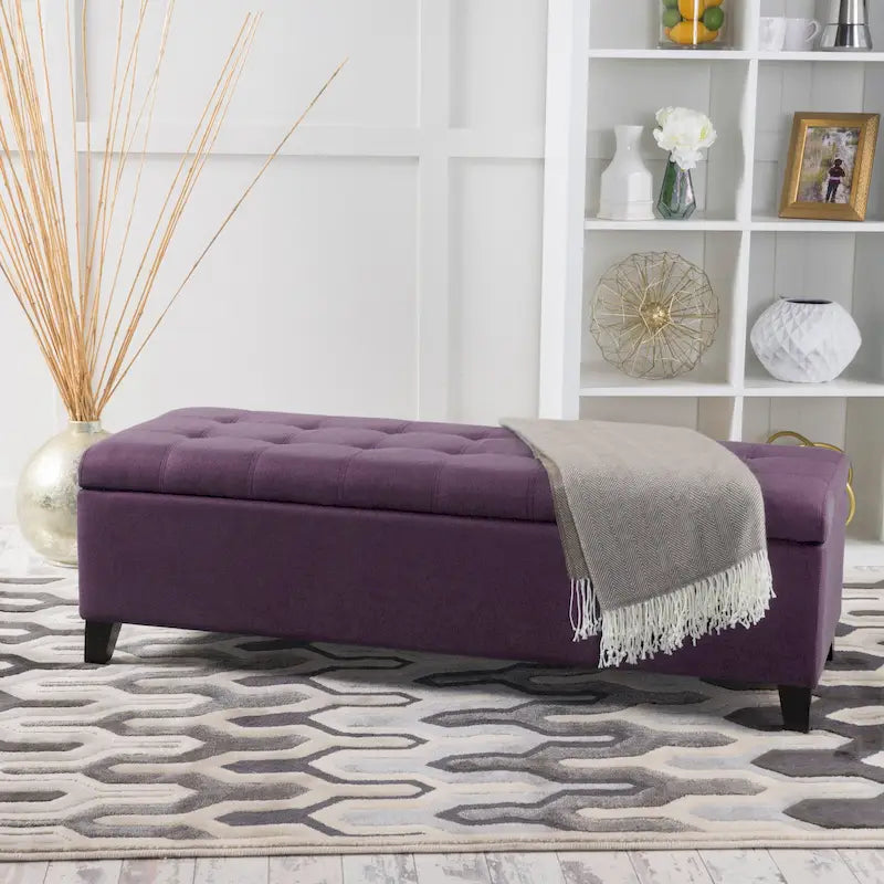 Panca Pouf Contenitore Trapuntata con Coperchio Sollevabile e Gambe in Legno di Betulla – Diversi Colori (Tessuto e Velluto), Singolo