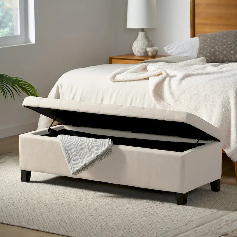 Panca Pouf Contenitore Trapuntata con Coperchio Sollevabile e Gambe in Legno di Betulla – Diversi Colori (Tessuto e Velluto), Singolo