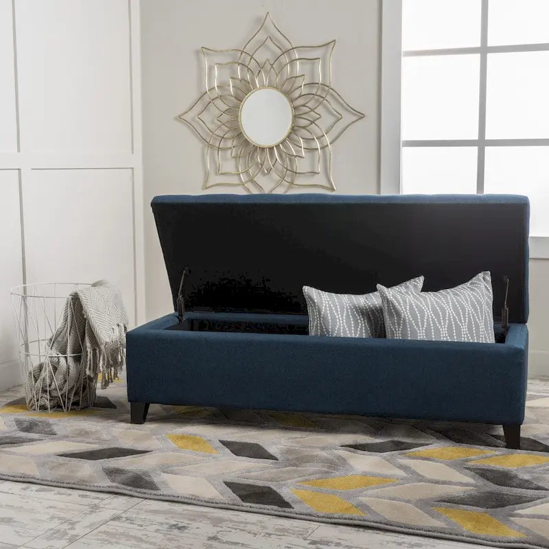 Panca Pouf Contenitore Trapuntata con Coperchio Sollevabile e Gambe in Legno di Betulla – Diversi Colori (Tessuto e Velluto), Singolo