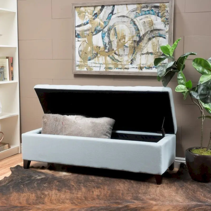 Panca Pouf Contenitore Trapuntata con Coperchio Sollevabile e Gambe in Legno di Betulla – Diversi Colori (Tessuto e Velluto), Singolo