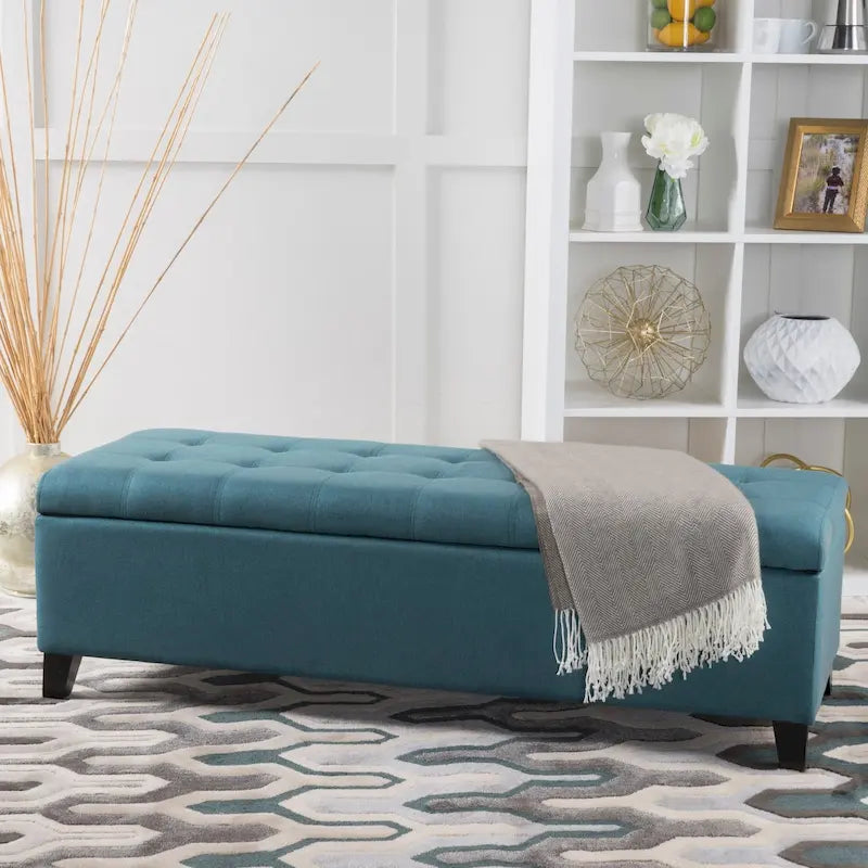 Panca Pouf Contenitore Trapuntata con Coperchio Sollevabile e Gambe in Legno di Betulla – Diversi Colori (Tessuto e Velluto), Singolo