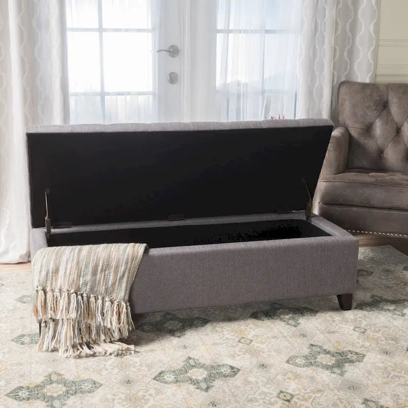 Panca Pouf Contenitore Trapuntata con Coperchio Sollevabile e Gambe in Legno di Betulla – Diversi Colori (Tessuto e Velluto), Singolo