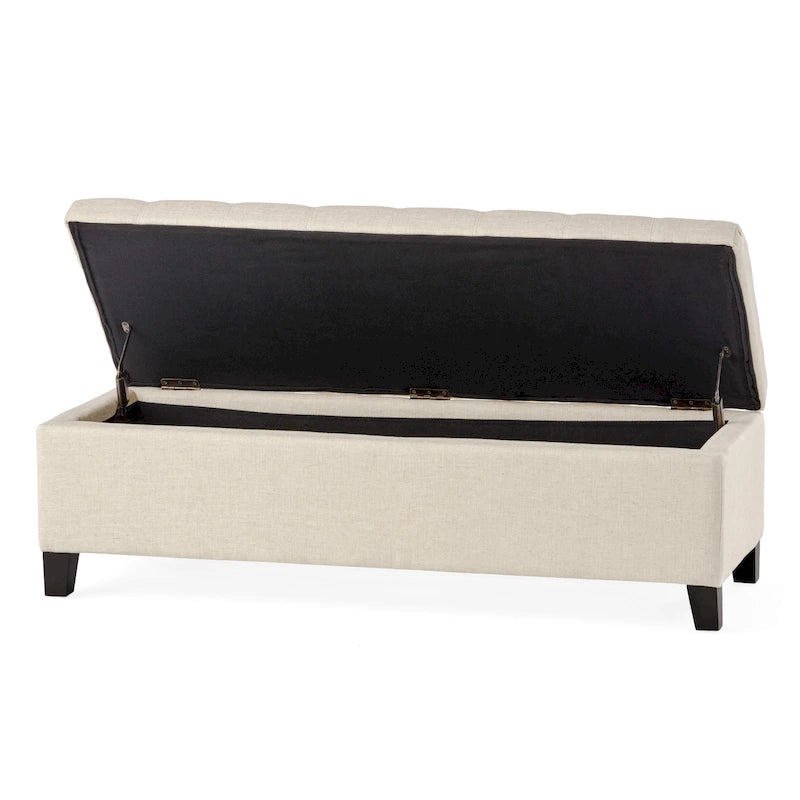 Panca Pouf Contenitore Trapuntata con Coperchio Sollevabile e Gambe in Legno di Betulla – Diversi Colori (Tessuto e Velluto), Singolo