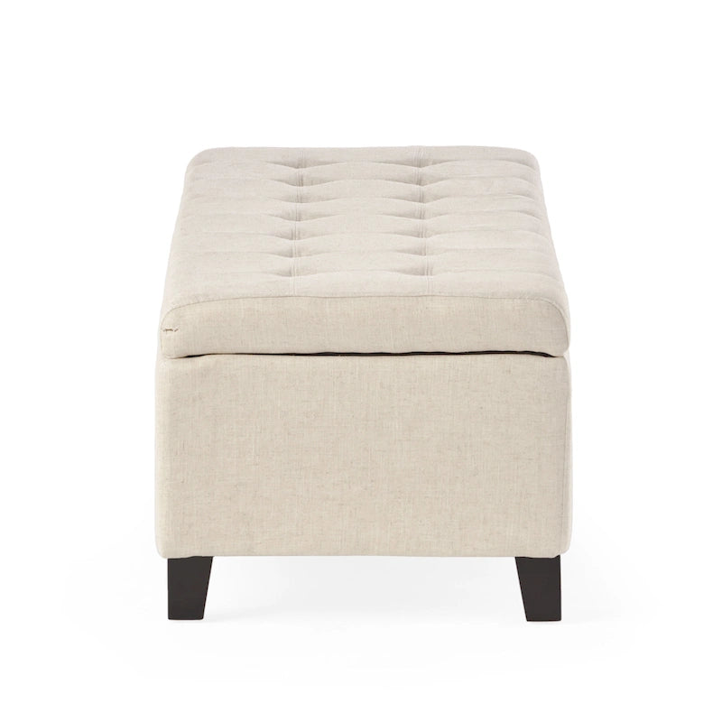 Panca Pouf Contenitore Trapuntata con Coperchio Sollevabile e Gambe in Legno di Betulla – Diversi Colori (Tessuto e Velluto), Singolo
