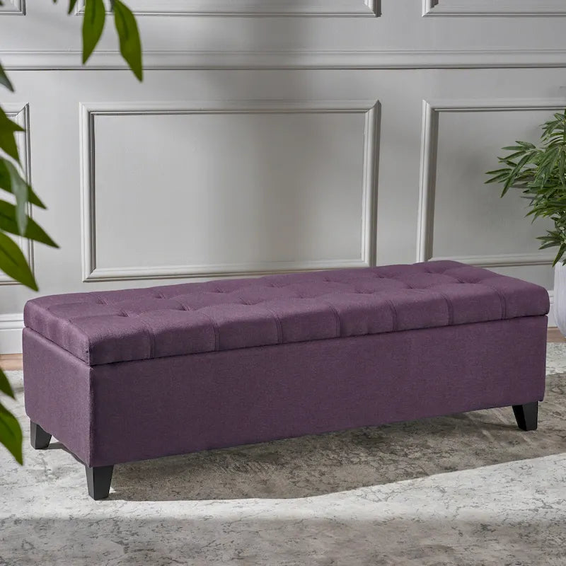 Panca Pouf Contenitore Trapuntata con Coperchio Sollevabile e Gambe in Legno di Betulla – Diversi Colori (Tessuto e Velluto), Singolo