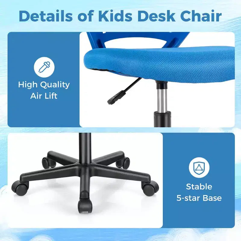 Sedia da scrivania ergonomica per bambini Costway regolabile in altezza con ruote universali Sedia da lavoro Blu/Nero/Grigio/Rosa