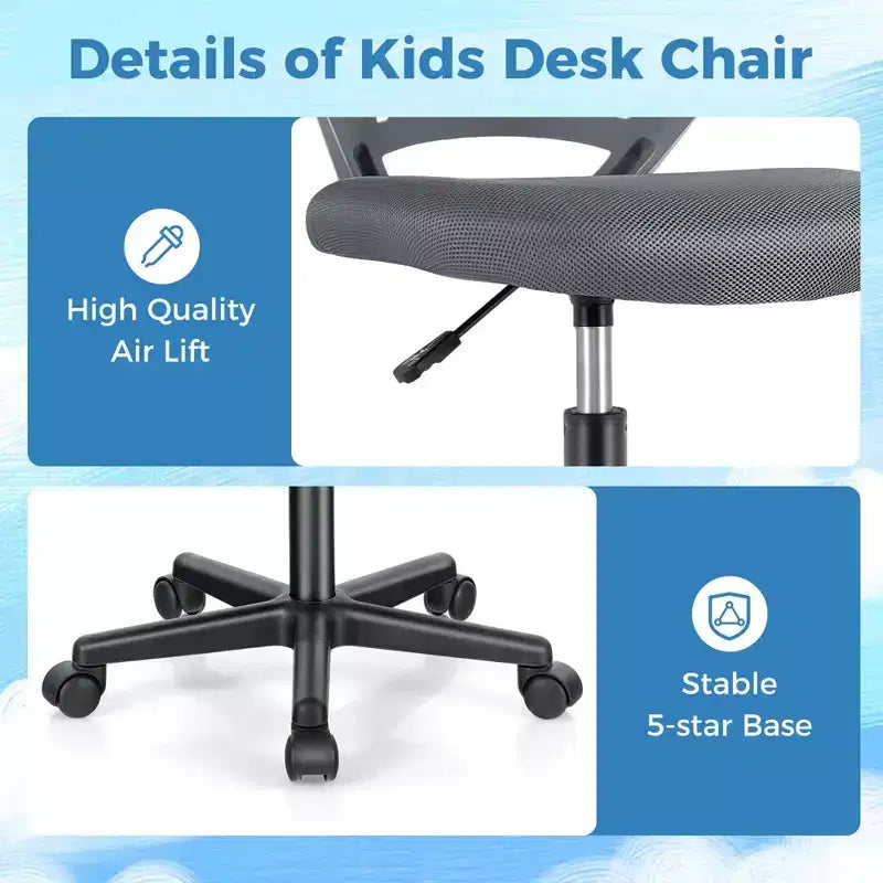 Sedia da scrivania ergonomica per bambini Costway regolabile in altezza con ruote universali Sedia da lavoro Blu/Nero/Grigio/Rosa