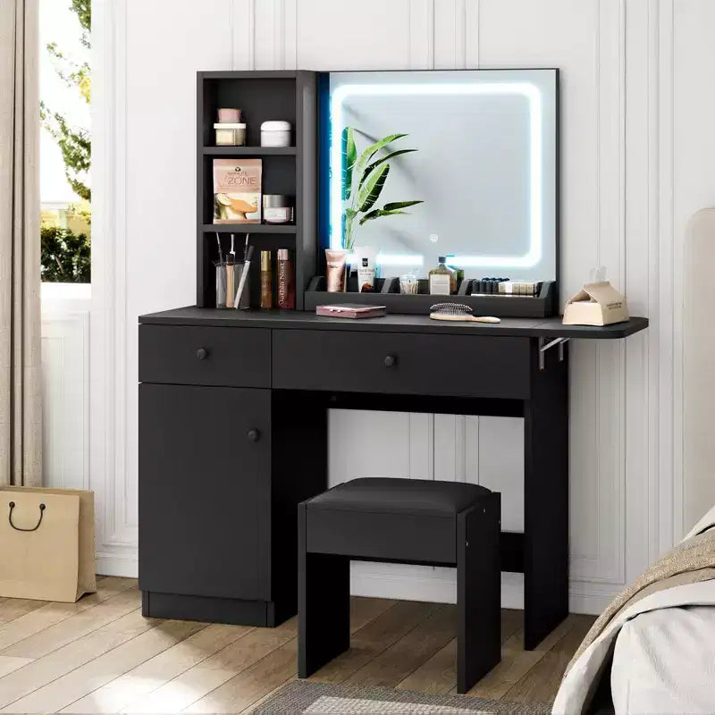 Whizmax Vanity Desk, Makeup Vanity with Adjustable LED Lighted Mirror, Vanity Table with Drawers, Cabinet, Shelf and Stool