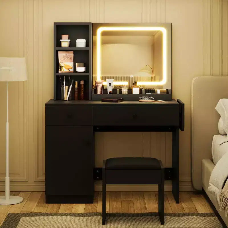 Toeletta Whizmax, toeletta per il trucco con specchio illuminato a LED regolabile, tavolo da toeletta con cassetti, armadietto, mensola e sgabello