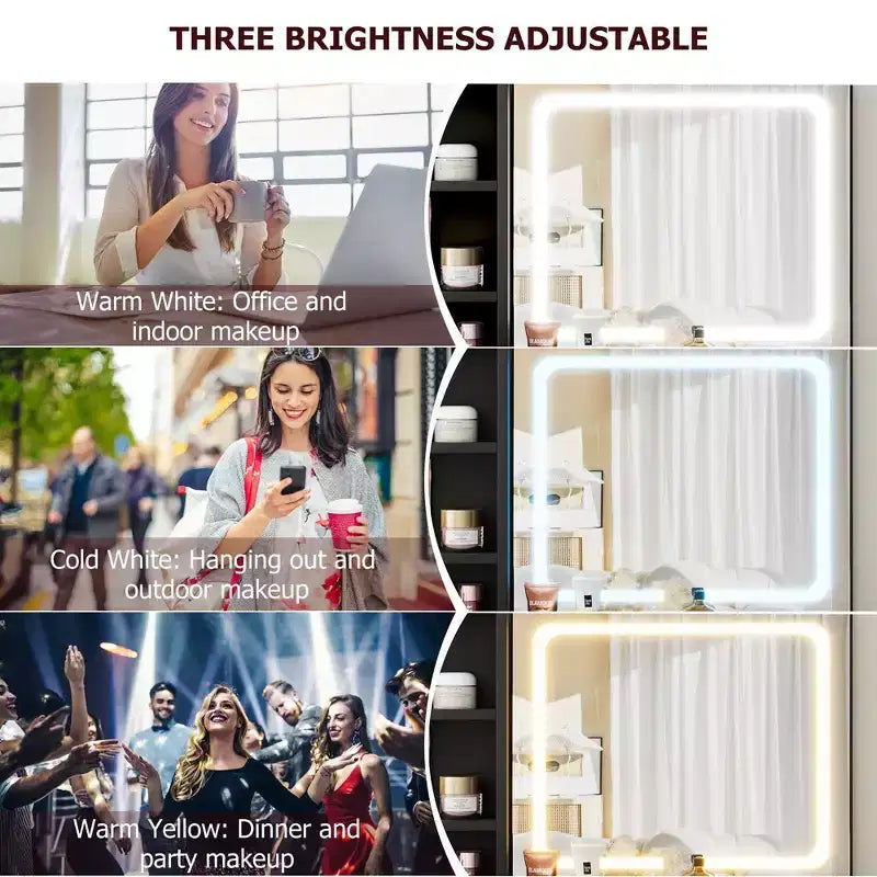 Toeletta Whizmax, toeletta per il trucco con specchio illuminato a LED regolabile, tavolo da toeletta con cassetti, armadietto, mensola e sgabello