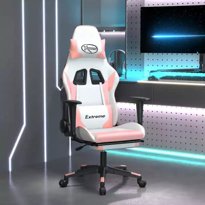 vidaXL Sedia da Gaming con Poggiapiedi, Bianca e Rosa, in Similpelle