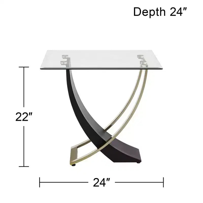 Studio 55D Tavolino d'appoggio moderno quadrato nero 61 cm di larghezza, gamba in oro spazzolato, piano in vetro trasparente per soggiorno, camera da letto, comodino, ingresso, ufficio