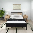 Struttura letto matrimoniale Plank+Beam scandinavo con testiera, letto a piattaforma in legno massello per adulti