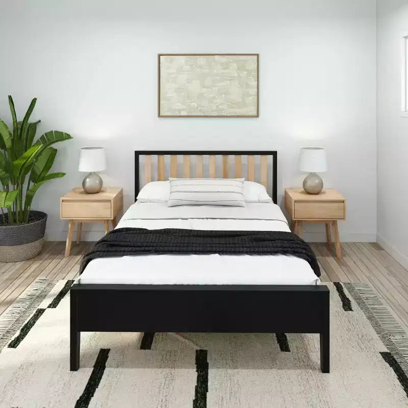 Struttura letto matrimoniale Plank+Beam scandinavo con testiera, letto a piattaforma in legno massello per adulti