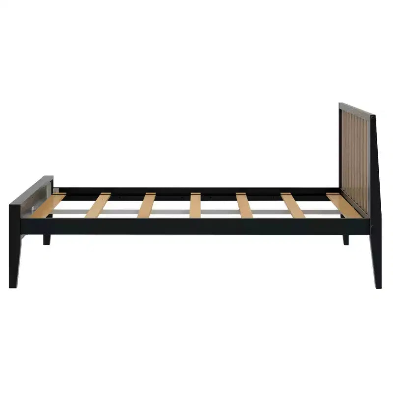 Struttura letto matrimoniale Plank+Beam scandinavo con testiera, letto a piattaforma in legno massello per adulti