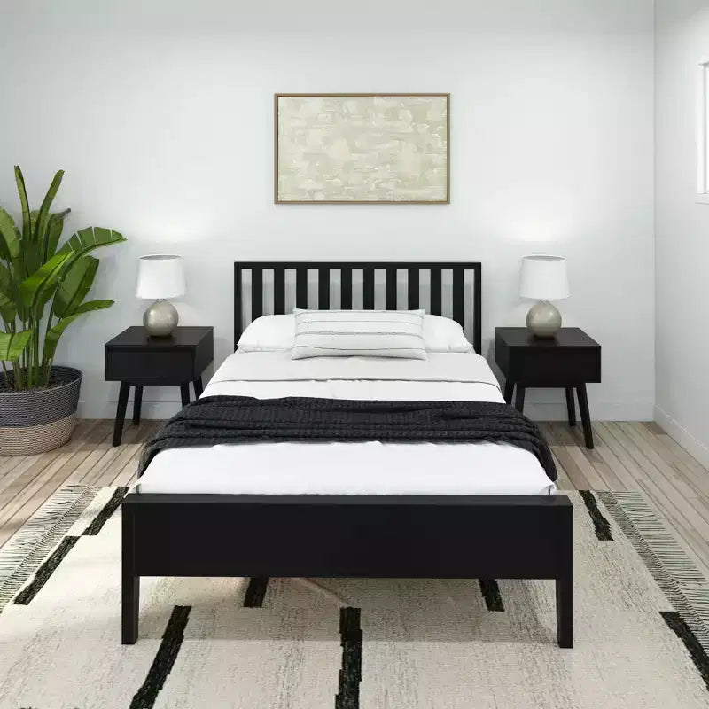 Struttura letto matrimoniale Plank+Beam scandinavo con testiera, letto a piattaforma in legno massello per adulti