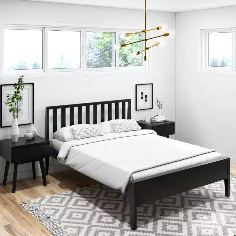 Struttura letto matrimoniale Plank+Beam scandinavo con testiera, letto a piattaforma in legno massello per adulti