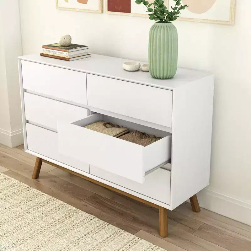 Comò a 6 cassetti in legno massiccio, stile moderno di metà secolo, Plank+Beam