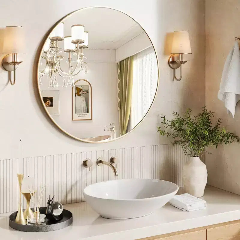 Specchio rotondo dorato, grande specchio da bagno circolare da posizionare sopra il lavandino, specchio da parete rotondo con cornice in metallo dorato, specchi circolari da parete