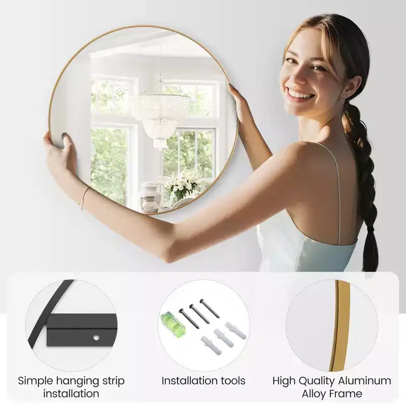 Specchio rotondo dorato, grande specchio da bagno circolare da posizionare sopra il lavandino, specchio da parete rotondo con cornice in metallo dorato, specchi circolari da parete