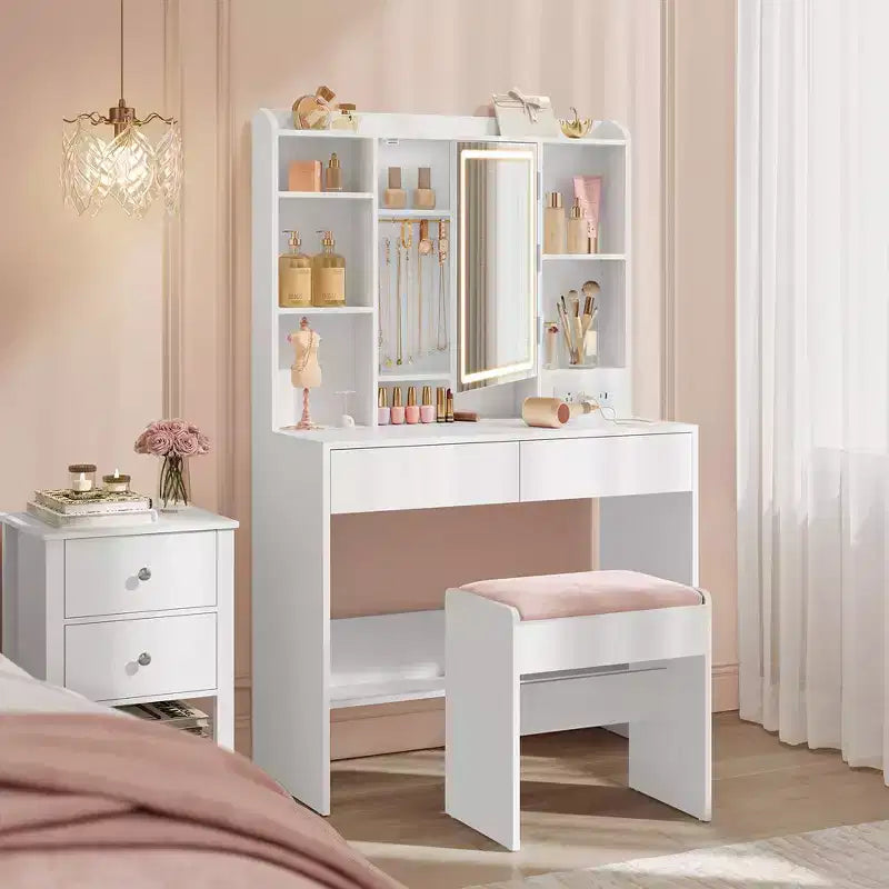 VASAGLE Tavolo da Trucco, Toeletta con Specchio e Luci, Sgabello Imbottito, 6 Scomparti, 2 Cassetti