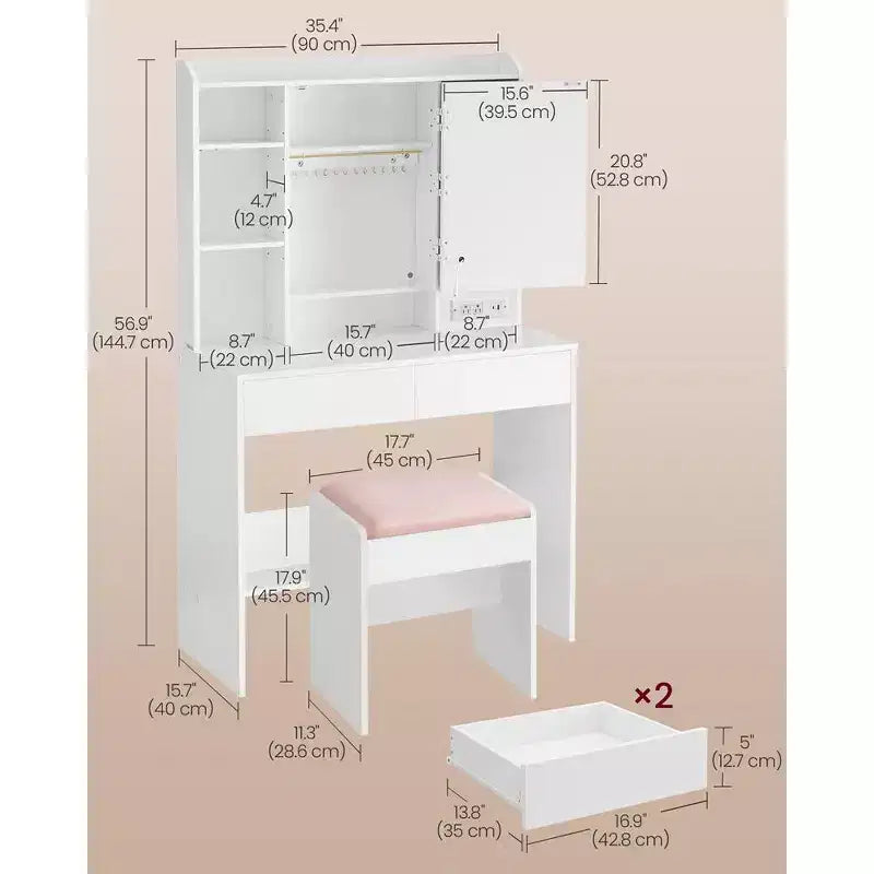 VASAGLE Tavolo da Trucco, Toeletta con Specchio e Luci, Sgabello Imbottito, 6 Scomparti, 2 Cassetti