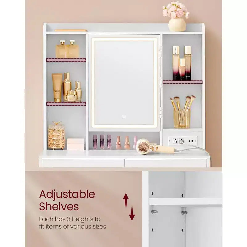 VASAGLE Tavolo da Trucco, Toeletta con Specchio e Luci, Sgabello Imbottito, 6 Scomparti, 2 Cassetti