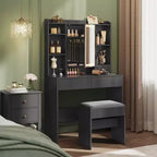 VASAGLE Tavolo da Trucco, Toeletta con Specchio e Luci, Sgabello Imbottito, 6 Scomparti, 2 Cassetti