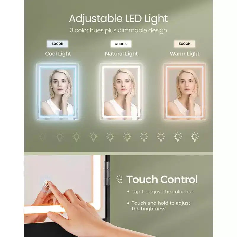 VASAGLE Tavolo da Trucco, Toeletta con Specchio e Luci, Sgabello Imbottito, 6 Scomparti, 2 Cassetti