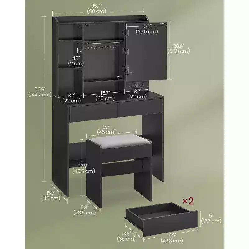 VASAGLE Tavolo da Trucco, Toeletta con Specchio e Luci, Sgabello Imbottito, 6 Scomparti, 2 Cassetti