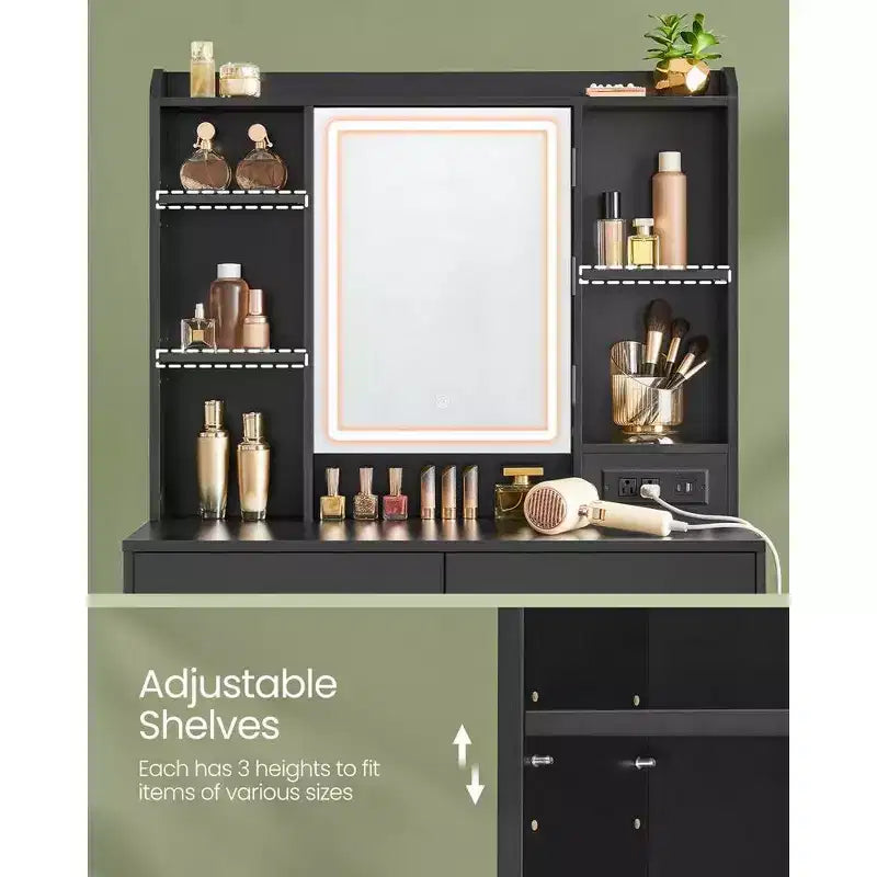 VASAGLE Tavolo da Trucco, Toeletta con Specchio e Luci, Sgabello Imbottito, 6 Scomparti, 2 Cassetti