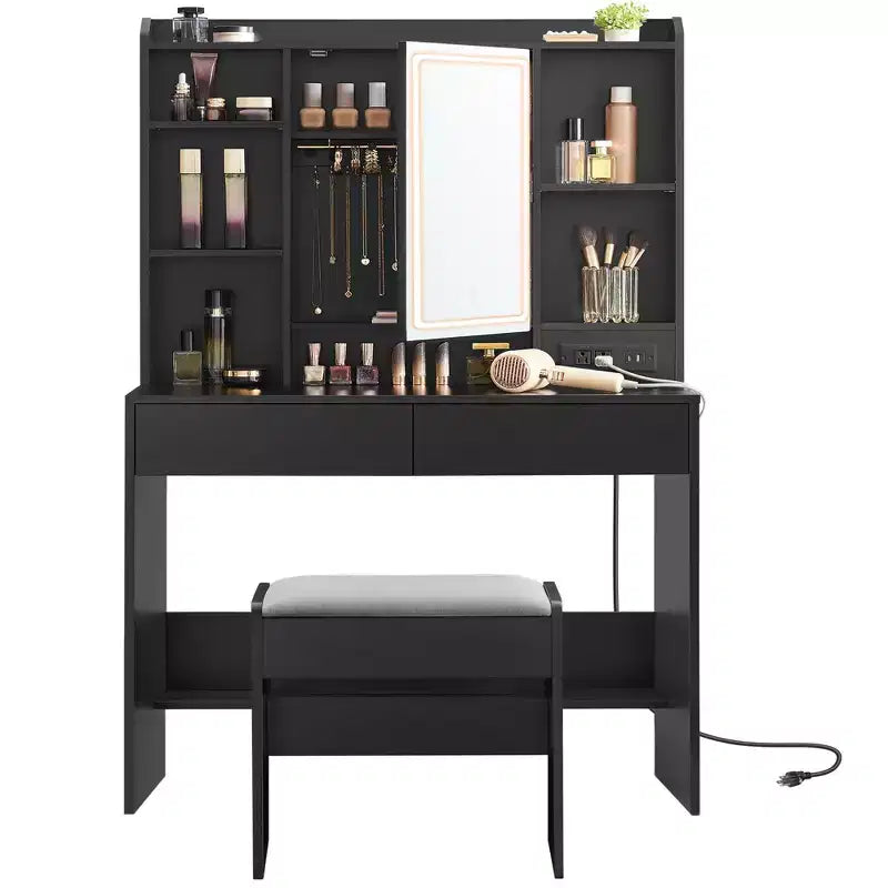 VASAGLE Vanity Desk, Makeup Vanity with Mirror and Lights, Upholstered Vanity Stool, 6 Compartments, 2 Drawers