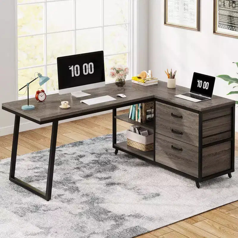Lantine 53-Inch L-Shaped Computer Desk with 3 Drawers and Shelves