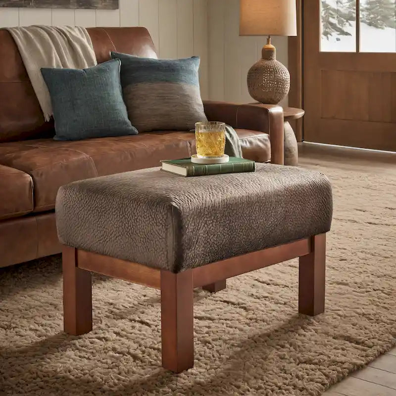 Pouf Rivestito in Stile Mission con Cuscino in Schiuma e Molle e Base in Legno di Gomma – Lino Beige / Ruggine / Marrone Scuro / Oliva, Singolo