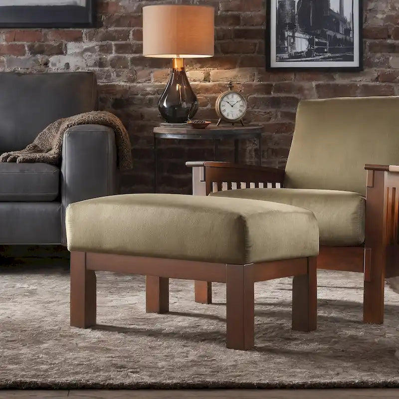 Pouf Rivestito in Stile Mission con Cuscino in Schiuma e Molle e Base in Legno di Gomma – Lino Beige / Ruggine / Marrone Scuro / Oliva, Singolo