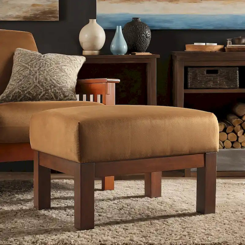 Pouf Rivestito in Stile Mission con Cuscino in Schiuma e Molle e Base in Legno di Gomma – Lino Beige / Ruggine / Marrone Scuro / Oliva, Singolo