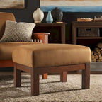 Pouf Rivestito in Stile Mission con Cuscino in Schiuma e Molle e Base in Legno di Gomma – Lino Beige / Ruggine / Marrone Scuro / Oliva, Singolo