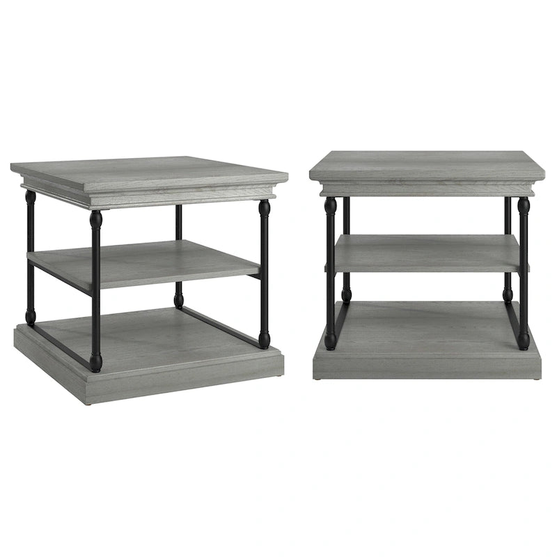 Tavolino quadrato con ripiani aperti, struttura in metallo e ripiani in legno – Grigio satinato / Marrone / Nero / Bianco avorio, Singolo