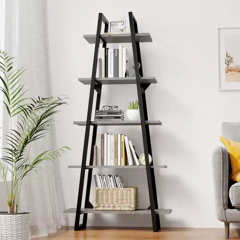 Whizmax Bookshelf 5 Tier Industrial Wood, Tall Open Rustic Etagere Bookcase Ladder, Standing Display Shelves for Home Living Room Bedroom Office