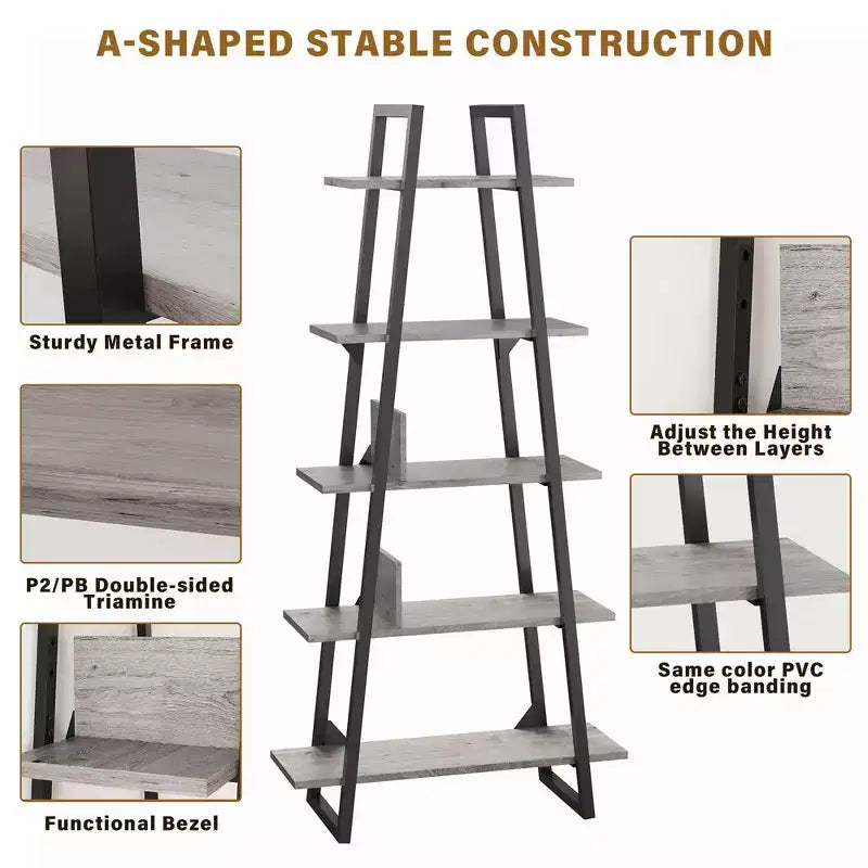 Whizmax Scaffale a 5 ripiani in legno industriale, libreria alta a scala rustica a giorno, mensole espositive da terra per soggiorno, camera da letto, ufficio
