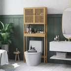 HOMCOM Armadietto da Bagno Salvaspazio Sopra il WC in Bambù, Mobiletto Bagno con Doppie Ante a Persiana, Ripiano Regolabile e Ripiano Aperto, Naturale