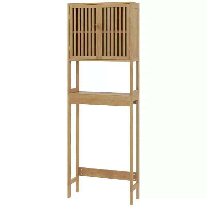 HOMCOM Armadietto da Bagno Salvaspazio Sopra il WC in Bambù, Mobiletto Bagno con Doppie Ante a Persiana, Ripiano Regolabile e Ripiano Aperto, Naturale