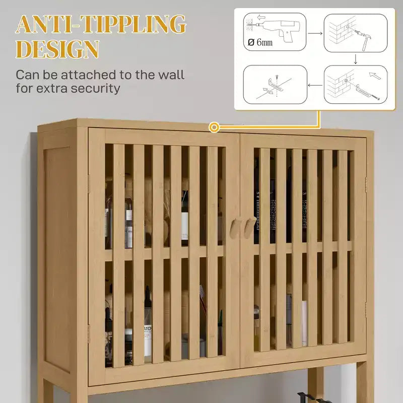 HOMCOM Armadietto da Bagno Salvaspazio Sopra il WC in Bambù, Mobiletto Bagno con Doppie Ante a Persiana, Ripiano Regolabile e Ripiano Aperto, Naturale