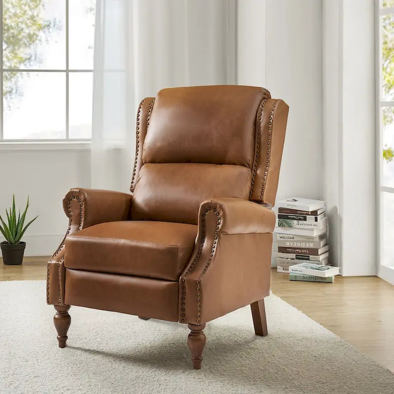 Poltrona Reclinabile Manuale Tradizionale in Similpelle Vegana con Schienale Alto e Borchie Decorative – Beige / Blu Scuro / Marrone / Cammello / Nero, Singola