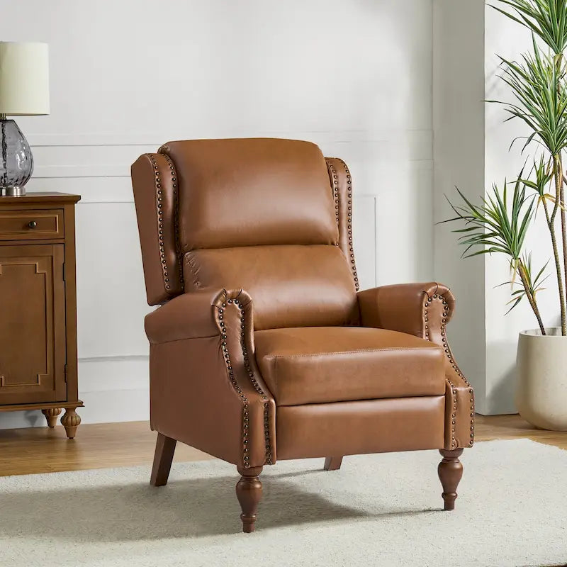 Poltrona Reclinabile Manuale Tradizionale in Similpelle Vegana con Schienale Alto e Borchie Decorative – Beige / Blu Scuro / Marrone / Cammello / Nero, Singola
