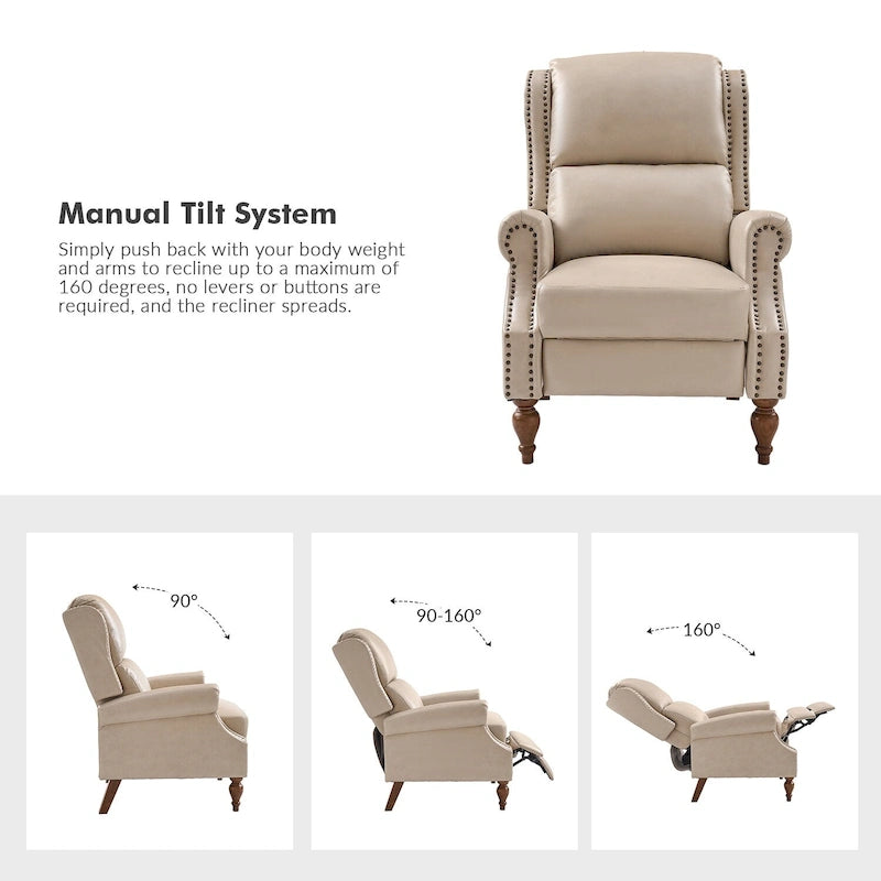 Poltrona Reclinabile Manuale Tradizionale in Similpelle Vegana con Schienale Alto e Borchie Decorative – Beige / Blu Scuro / Marrone / Cammello / Nero, Singola