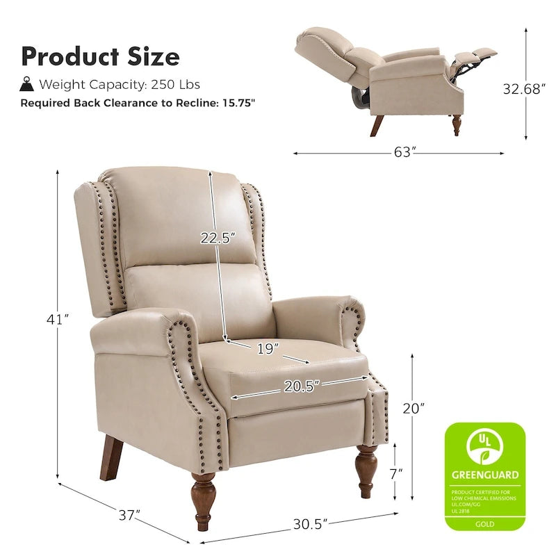 Poltrona Reclinabile Manuale Tradizionale in Similpelle Vegana con Schienale Alto e Borchie Decorative – Beige / Blu Scuro / Marrone / Cammello / Nero, Singola