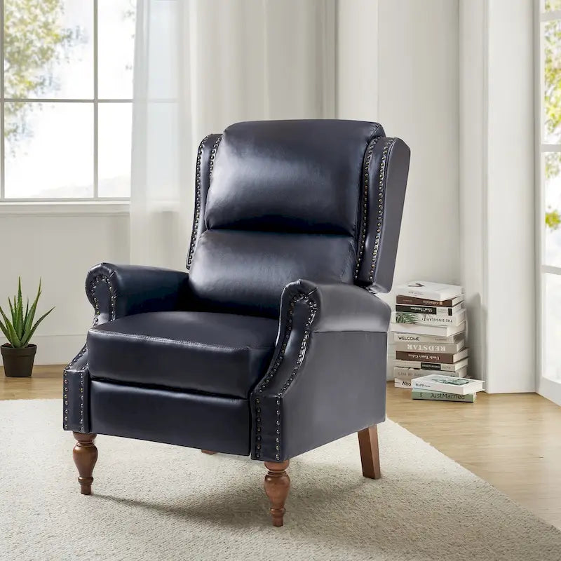 Poltrona Reclinabile Manuale Tradizionale in Similpelle Vegana con Schienale Alto e Borchie Decorative – Beige / Blu Scuro / Marrone / Cammello / Nero, Singola
