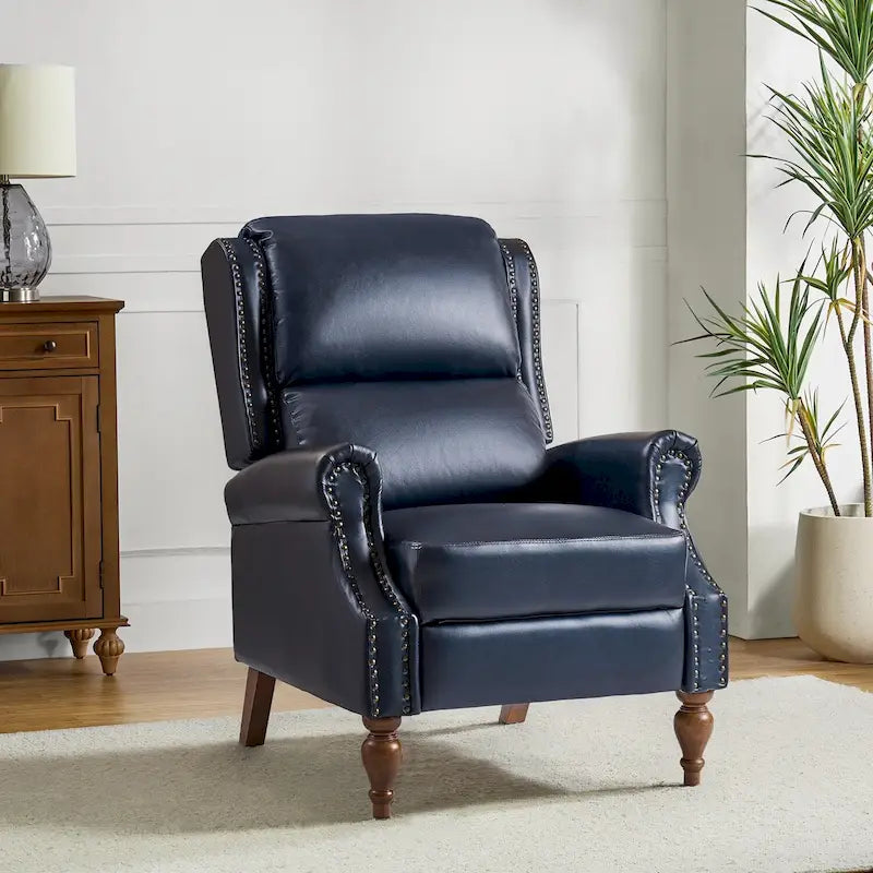 Poltrona Reclinabile Manuale Tradizionale in Similpelle Vegana con Schienale Alto e Borchie Decorative – Beige / Blu Scuro / Marrone / Cammello / Nero, Singola