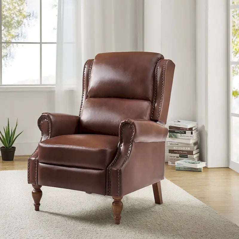 Poltrona Reclinabile Manuale Tradizionale in Similpelle Vegana con Schienale Alto e Borchie Decorative – Beige / Blu Scuro / Marrone / Cammello / Nero, Singola